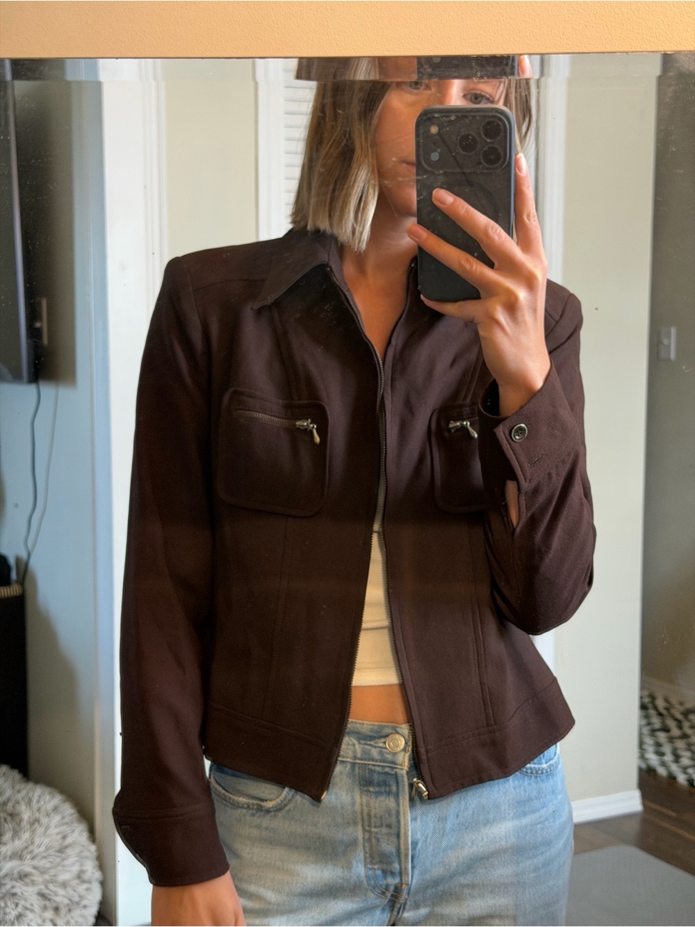 Vintage Dark Brown Zip-Front Jacket